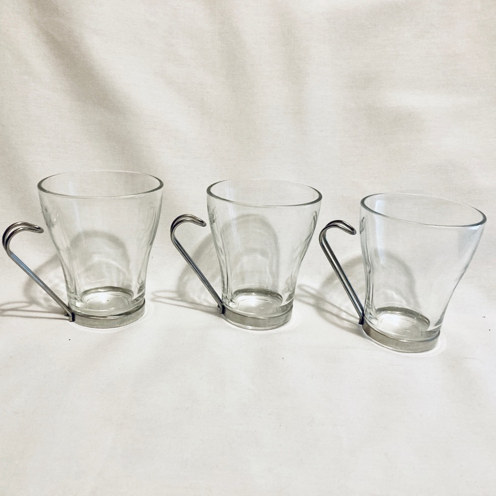 Set of Glass Espresso Demitasse Mugs  Silver Colored Chrome Base Cuff/Handle